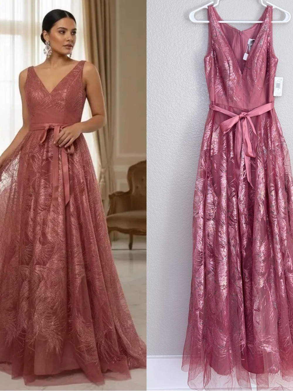 Formal a gown by Rene Ruiz Dusty Rose Matte Sequin Lace V-Neck Maxi Dress Satin